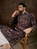 Men Purple Silk Blend Floral Printed Straight Kurta-MKU1957