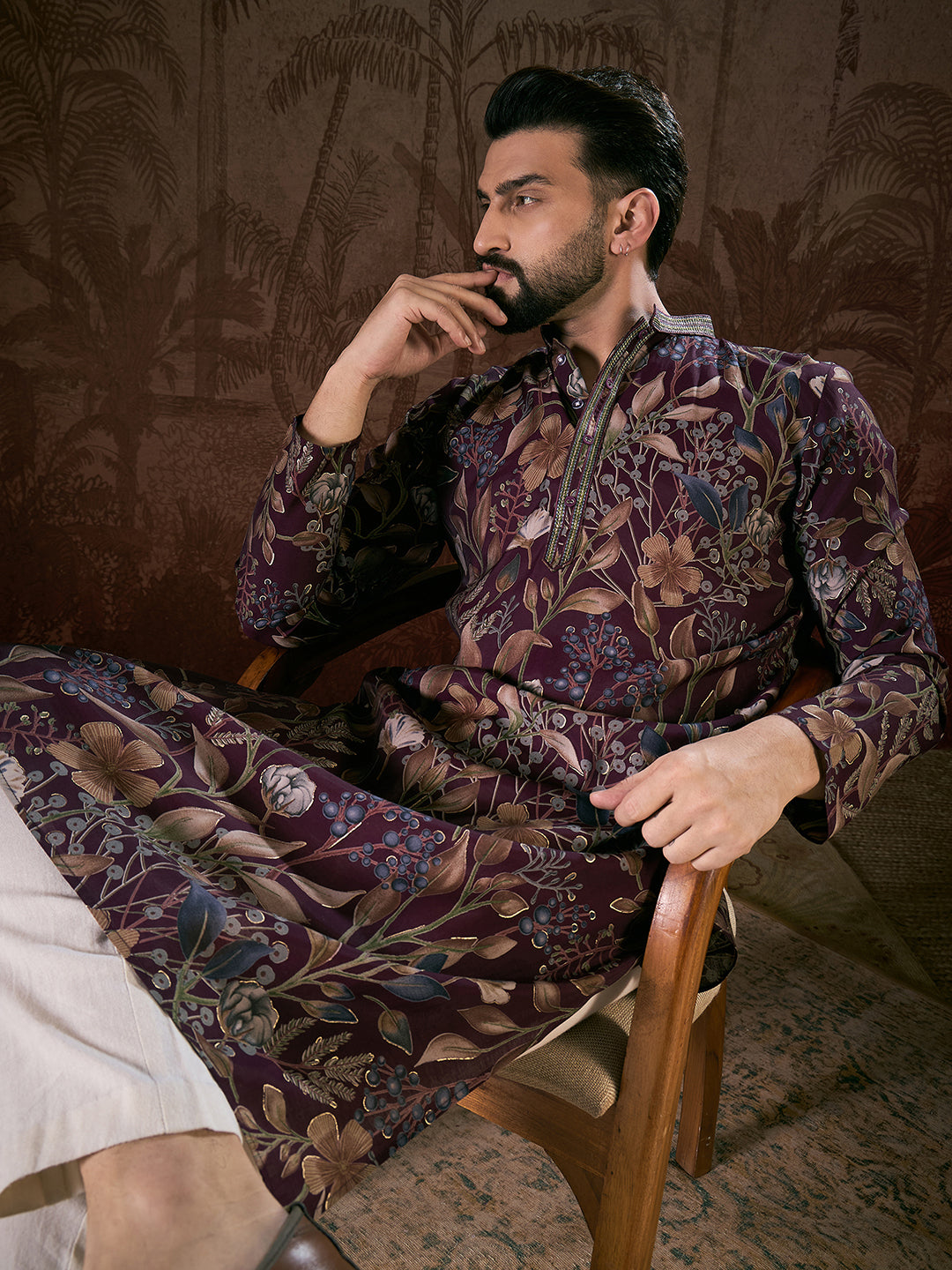 Men Purple Silk Blend Floral Printed Straight Kurta-MKU1957