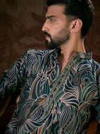 Men Navy Blue Silk Blend Abstract Printed Straight Kurta-MKU1958