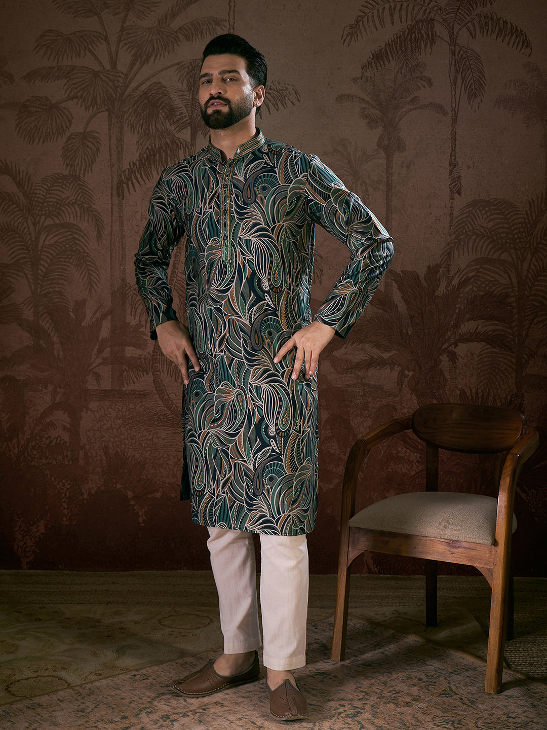 Men Navy Blue Silk Blend Abstract Printed Straight Kurta-MKU1958