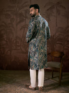 Men Navy Blue Silk Blend Abstract Printed Straight Kurta-MKU1958