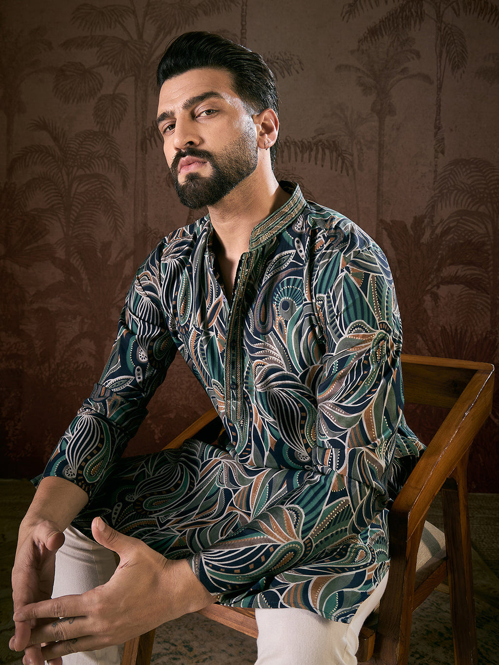Men Navy Blue Silk Blend Abstract Printed Straight Kurta-MKU1958