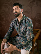 Men Navy Blue Silk Blend Abstract Printed Straight Kurta-MKU1958