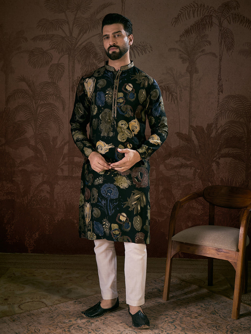 Men Black Silk Blend Floral Printed Straight Kurta-MKU1960