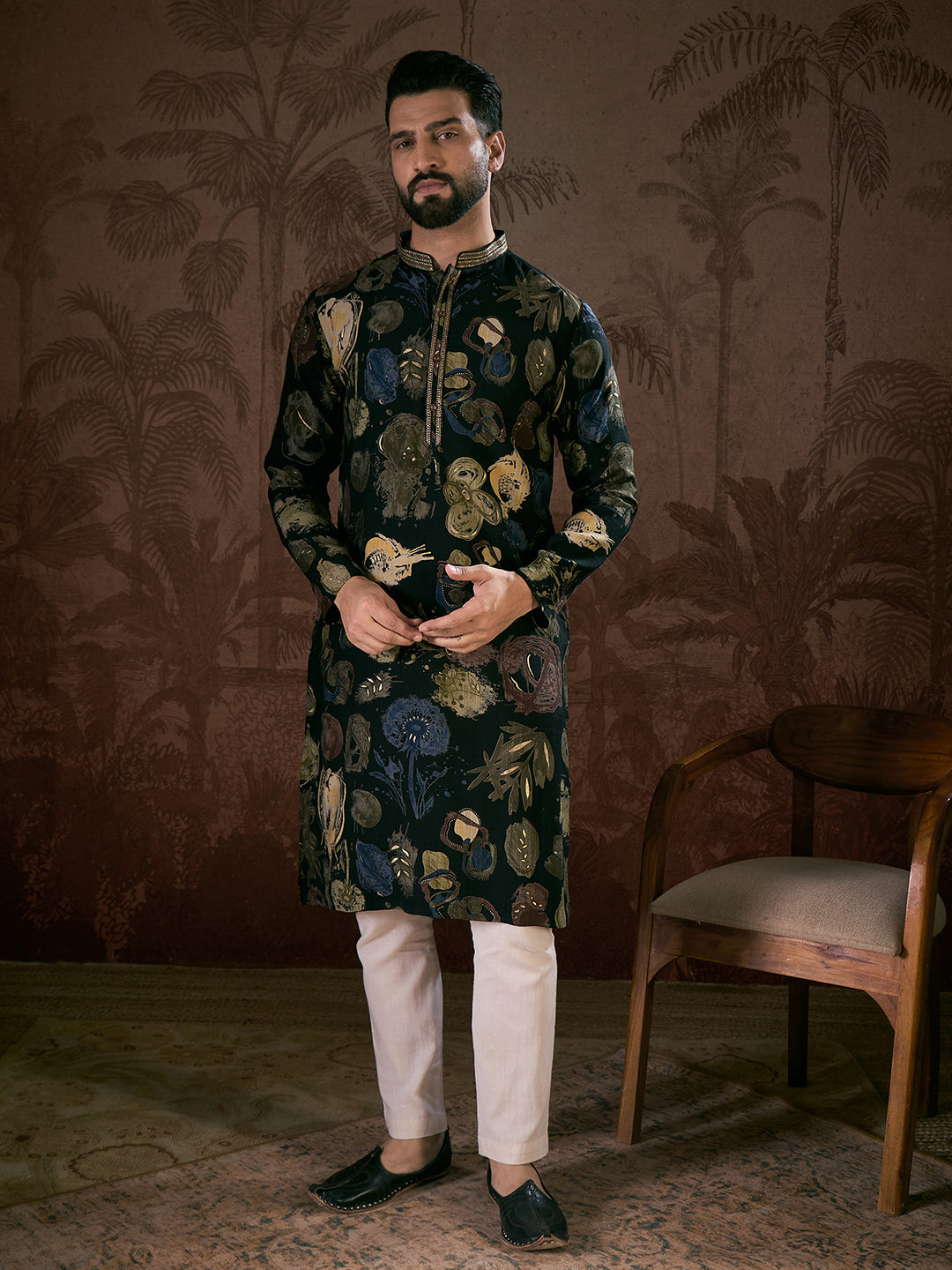 Men Black Silk Blend Floral Printed Straight Kurta-MKU1960