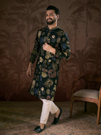 Men Black Silk Blend Floral Printed Straight Kurta-MKU1960