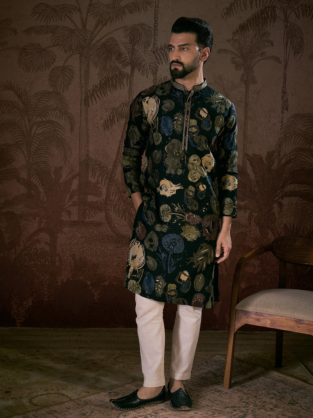 Men Black Silk Blend Floral Printed Straight Kurta-MKU1960