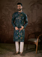 Men Blue Silk Blend Floral Printed Straight Kurta-MKU1962