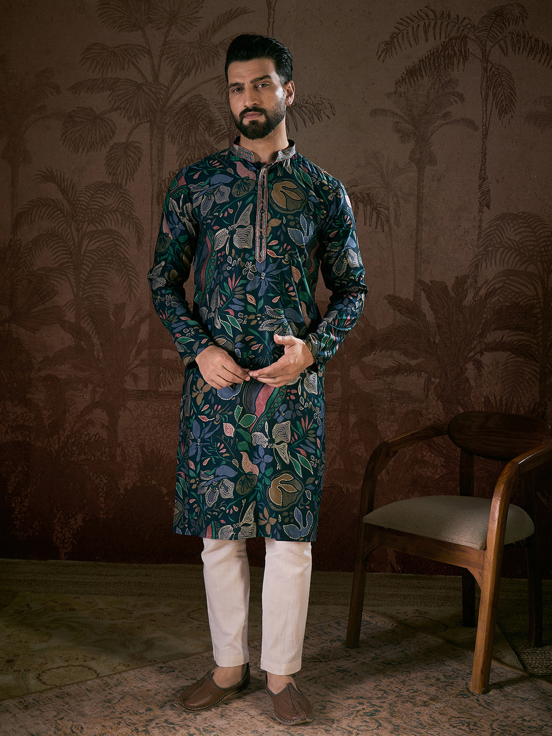 Men Blue Silk Blend Floral Printed Straight Kurta-MKU1962