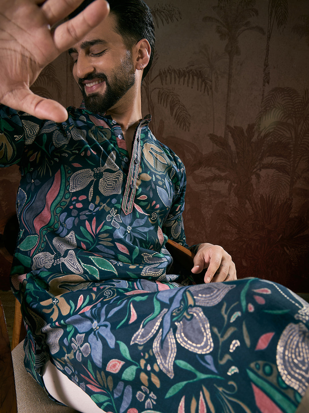 Men Blue Silk Blend Floral Printed Straight Kurta-MKU1962