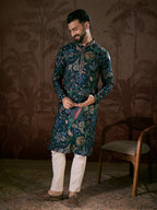 Men Blue Silk Blend Floral Printed Straight Kurta-MKU1962