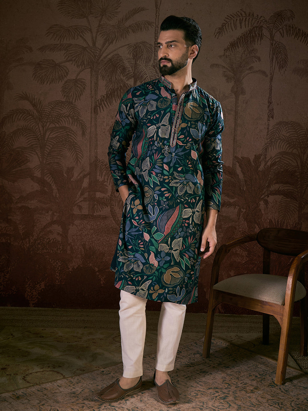 Men Blue Silk Blend Floral Printed Straight Kurta-MKU1962