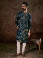 Men Blue Silk Blend Floral Printed Straight Kurta-MKU1962
