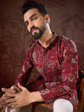 Men Maroon Silk Blend Floral Printed Straight Kurta-MKU1963