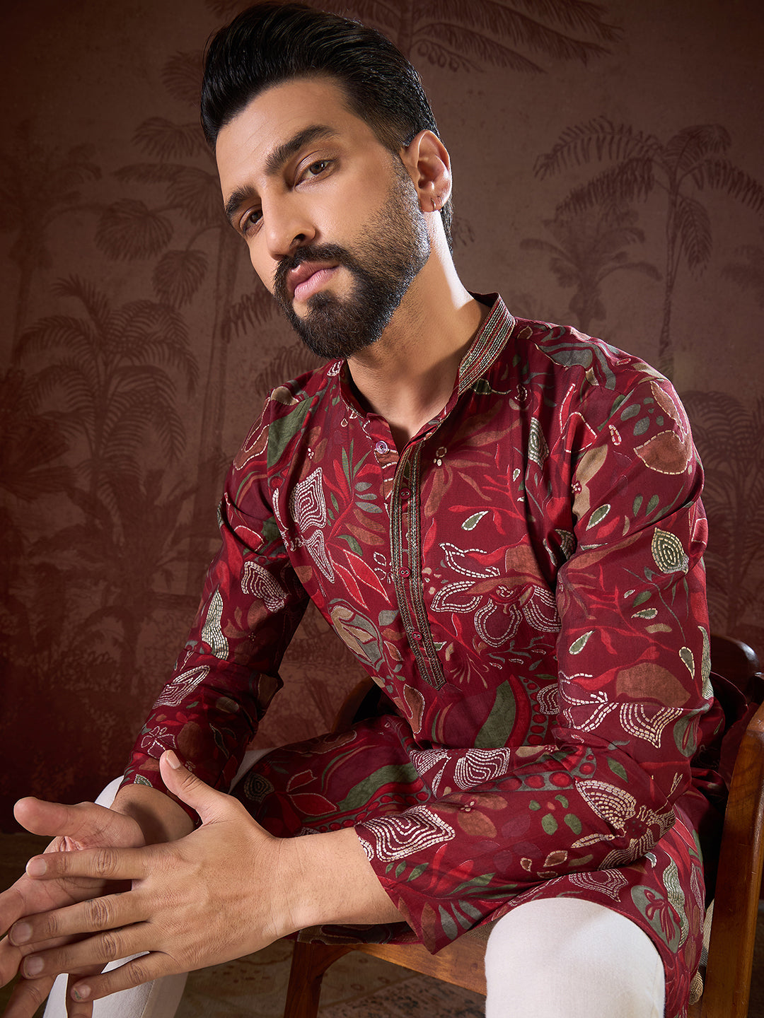 Men Maroon Silk Blend Floral Printed Straight Kurta-MKU1963