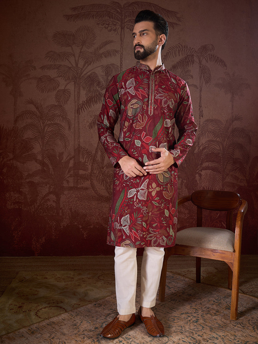 Men Maroon Silk Blend Floral Printed Straight Kurta-MKU1963