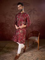 Men Maroon Silk Blend Floral Printed Straight Kurta-MKU1963