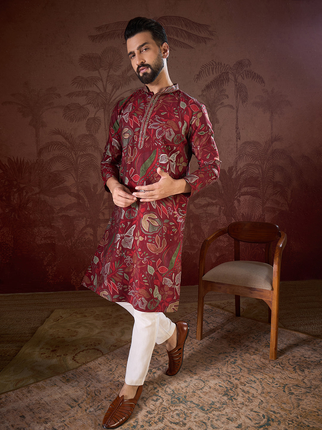 Men Maroon Silk Blend Floral Printed Straight Kurta-MKU1963