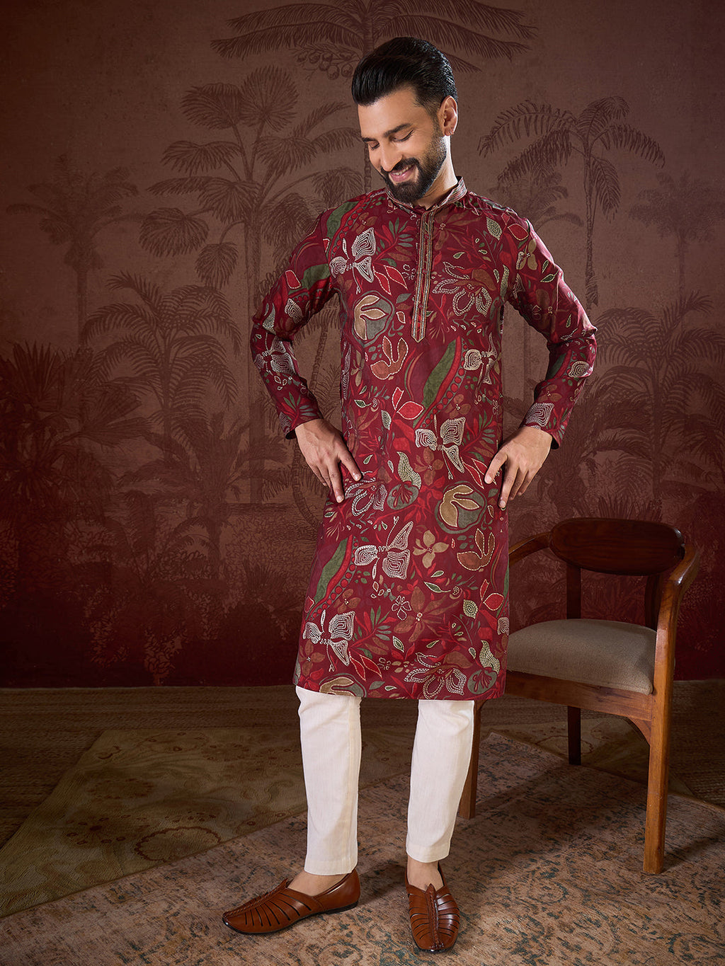 Men Maroon Silk Blend Floral Printed Straight Kurta-MKU1963