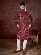 Men Maroon Silk Blend Floral Printed Straight Kurta-MKU1963