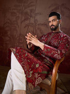 Men Maroon Silk Blend Floral Printed Straight Kurta-MKU1963