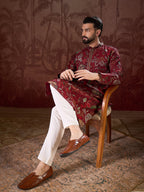 Men Maroon Silk Blend Floral Printed Straight Kurta-MKU1963