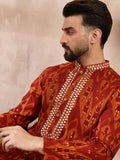 Men Orange Silk Blend Chevron Printed Straight Kurta-MKU1964