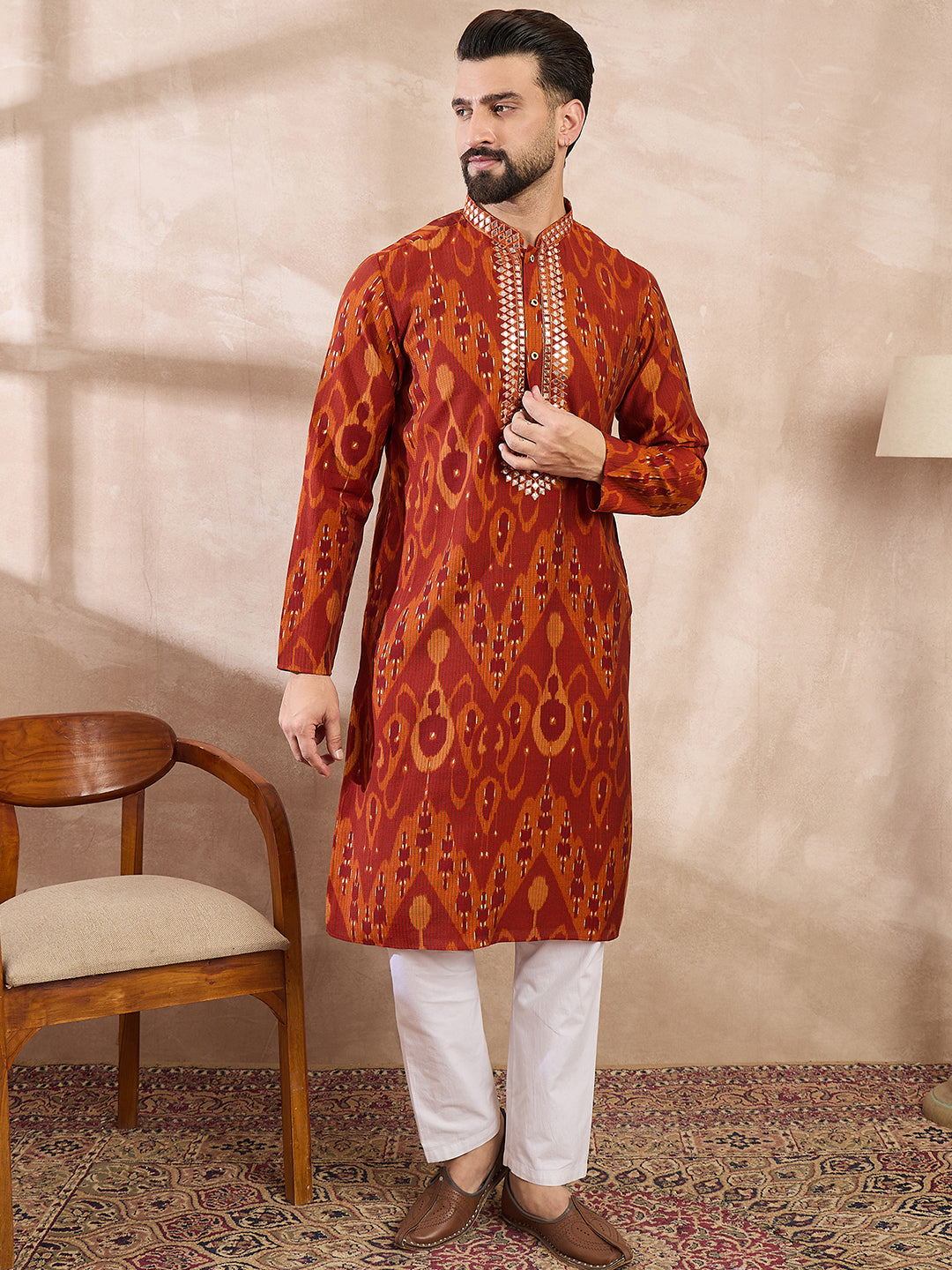 Men Orange Silk Blend Chevron Printed Straight Kurta-MKU1964