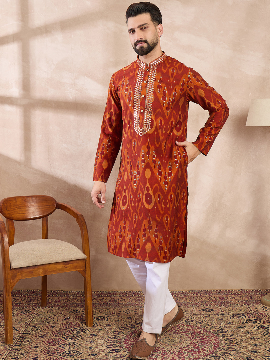 Men Orange Silk Blend Chevron Printed Straight Kurta-MKU1964