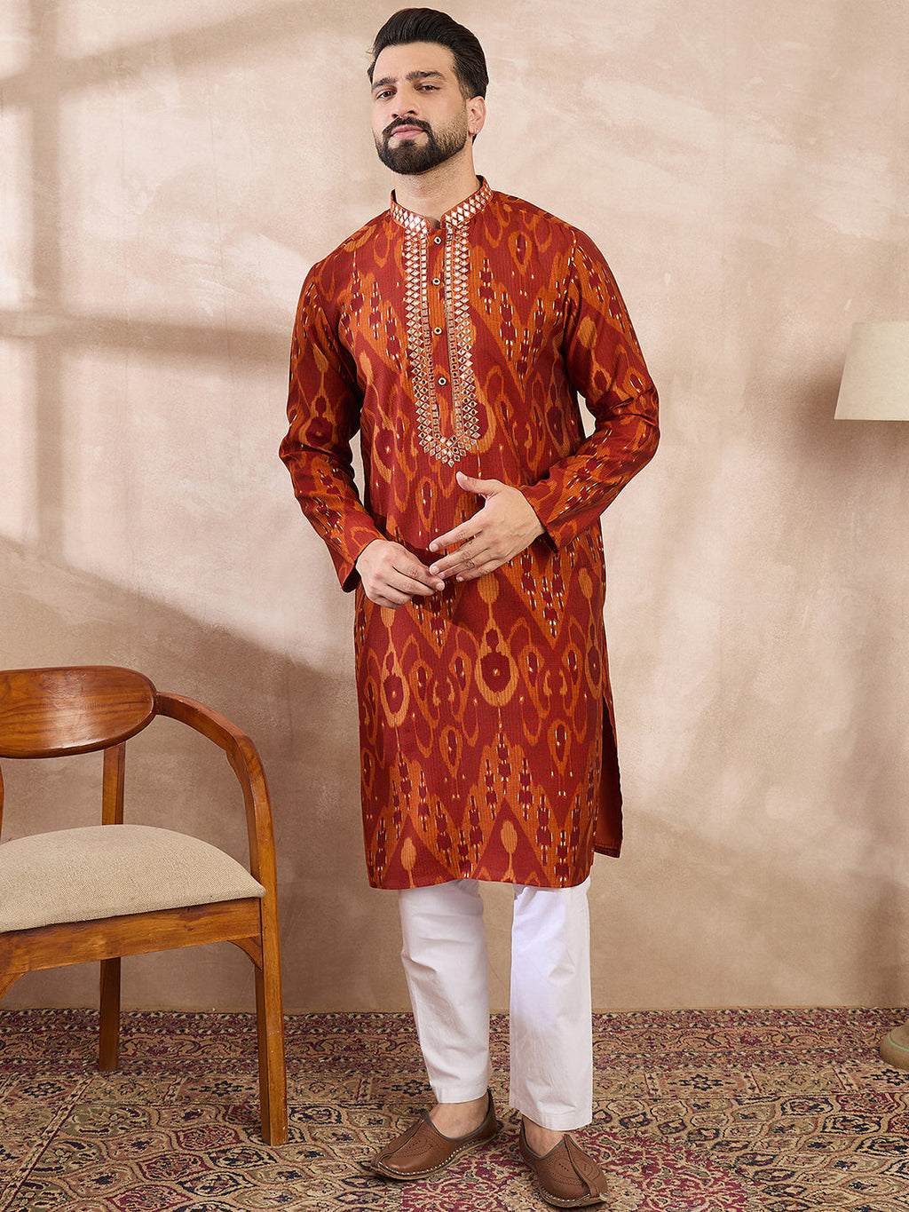 Men Orange Silk Blend Chevron Printed Straight Kurta-MKU1964