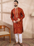 Men Orange Silk Blend Chevron Printed Straight Kurta-MKU1964
