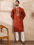Men Orange Silk Blend Chevron Printed Straight Kurta-MKU1964