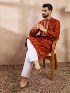 Men Orange Silk Blend Chevron Printed Straight Kurta-MKU1964