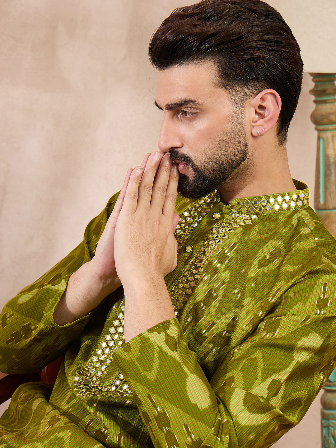 Men Green Viscose Rayon Chevron Printed Straight Kurta-MKU1965