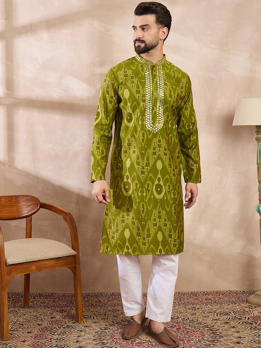 Men Green Viscose Rayon Chevron Printed Straight Kurta-MKU1965