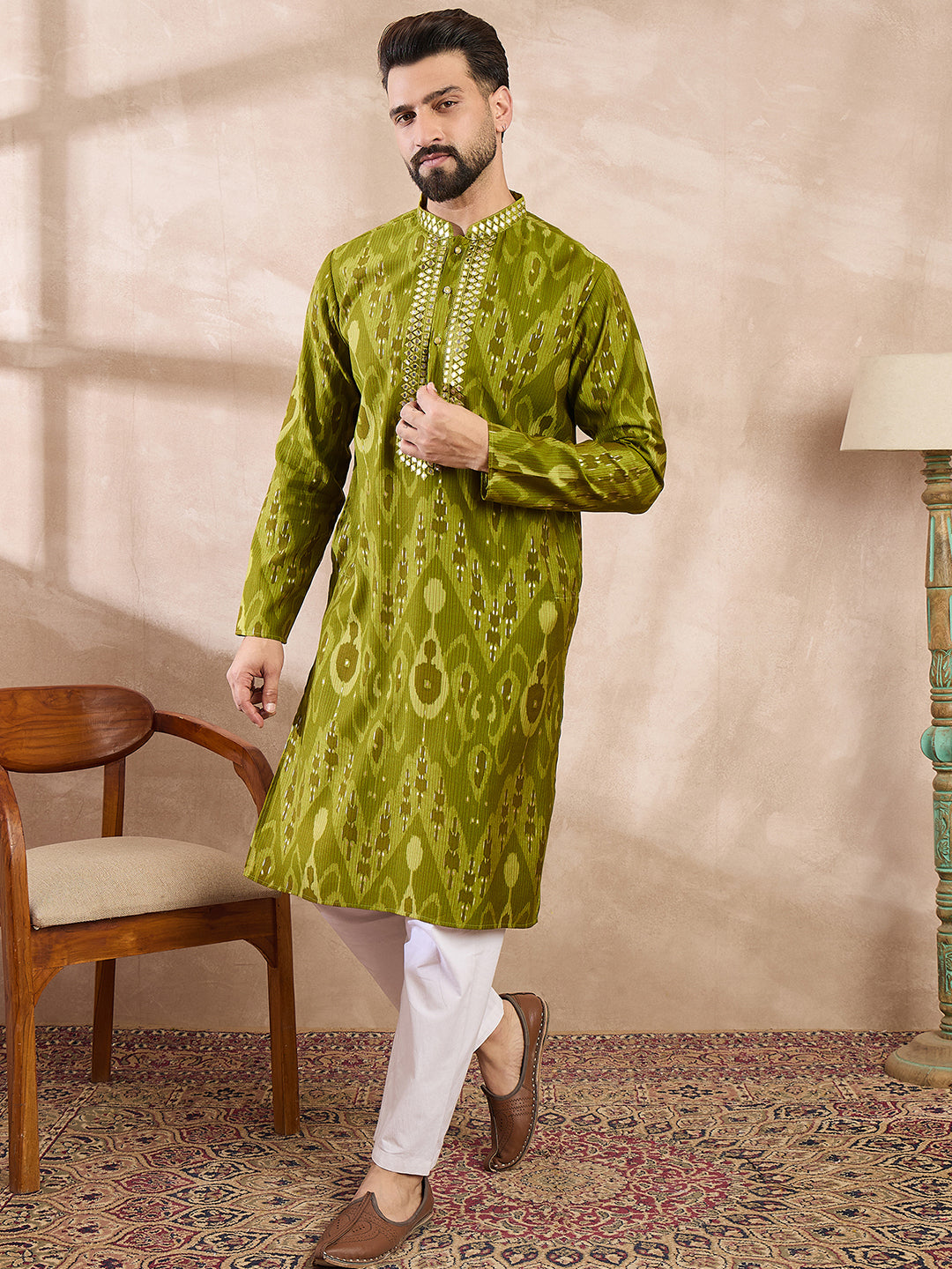 Men Green Viscose Rayon Chevron Printed Straight Kurta-MKU1965