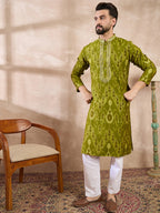 Men Green Viscose Rayon Chevron Printed Straight Kurta-MKU1965