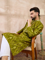 Men Green Viscose Rayon Chevron Printed Straight Kurta-MKU1965