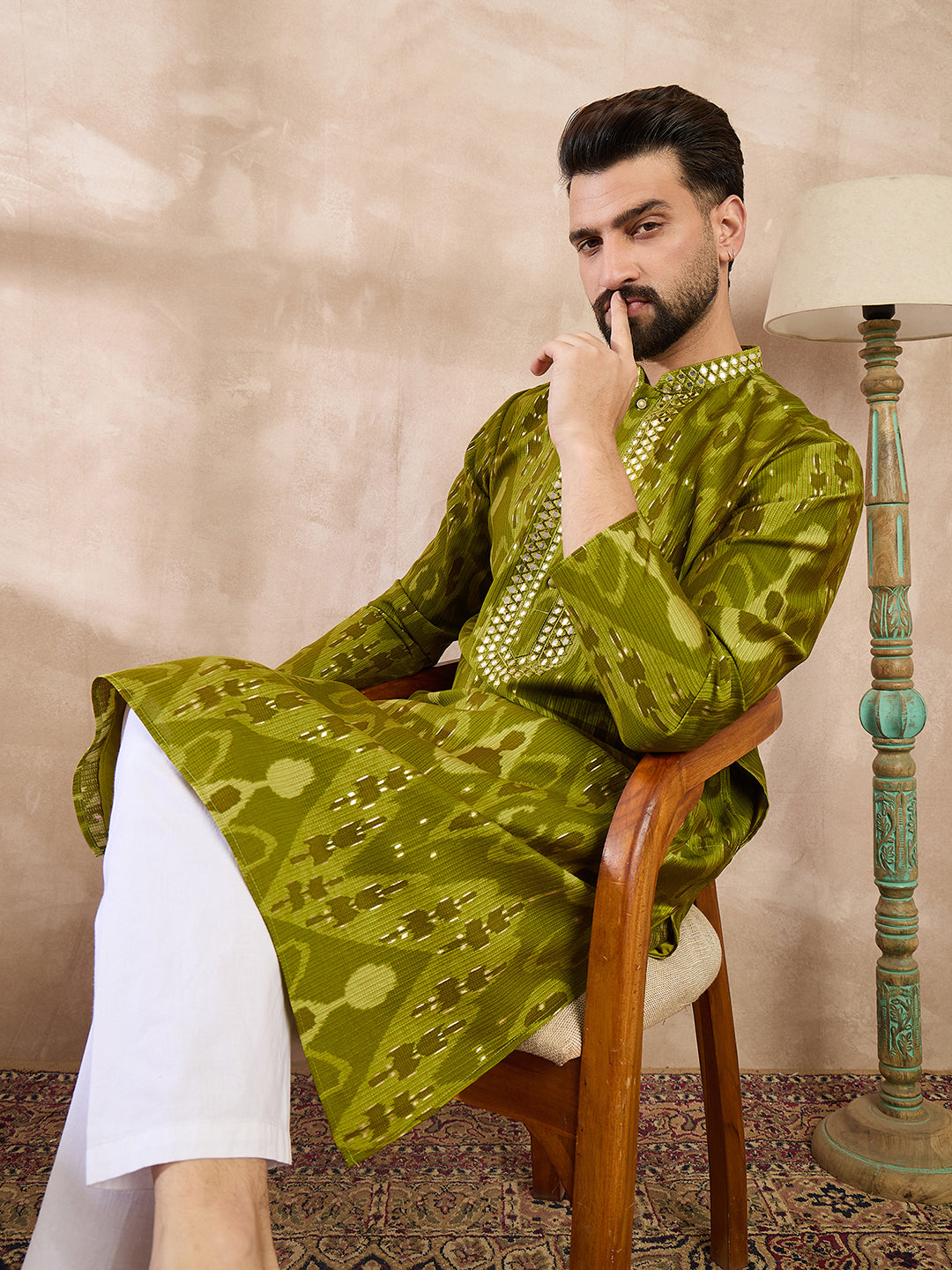 Men Green Viscose Rayon Chevron Printed Straight Kurta-MKU1965