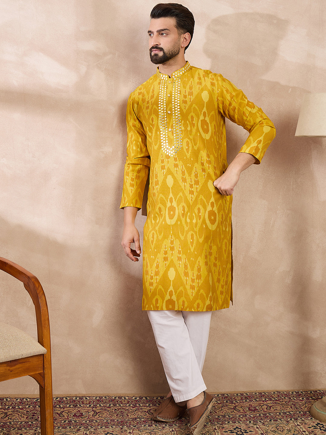 Men Yellow Viscose Rayon Chevron Printed Straight Kurta-MKU1966