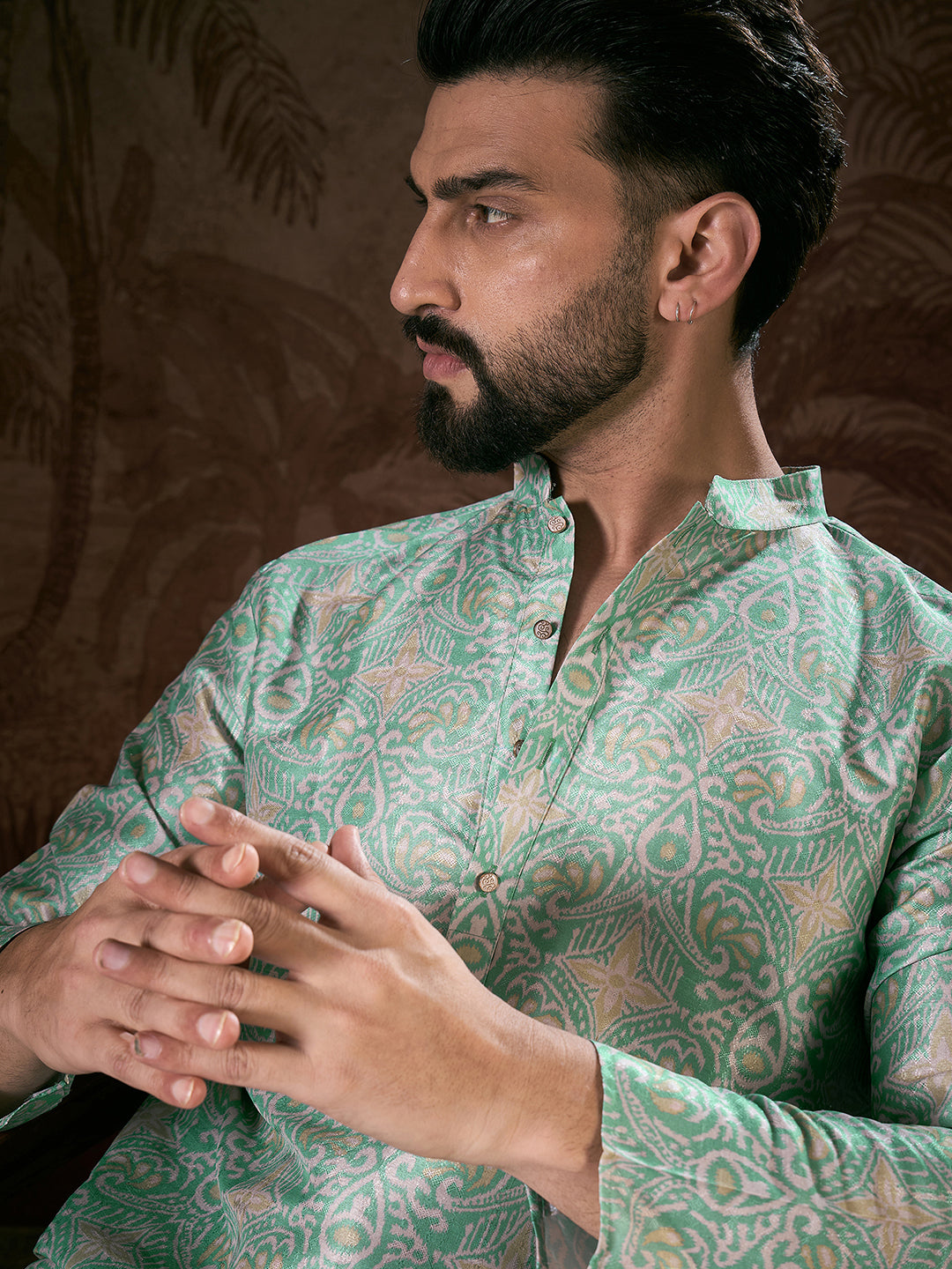 Men Turquoise Blue Silk Blend Abstract Printed Straight Kurta-MKU1967