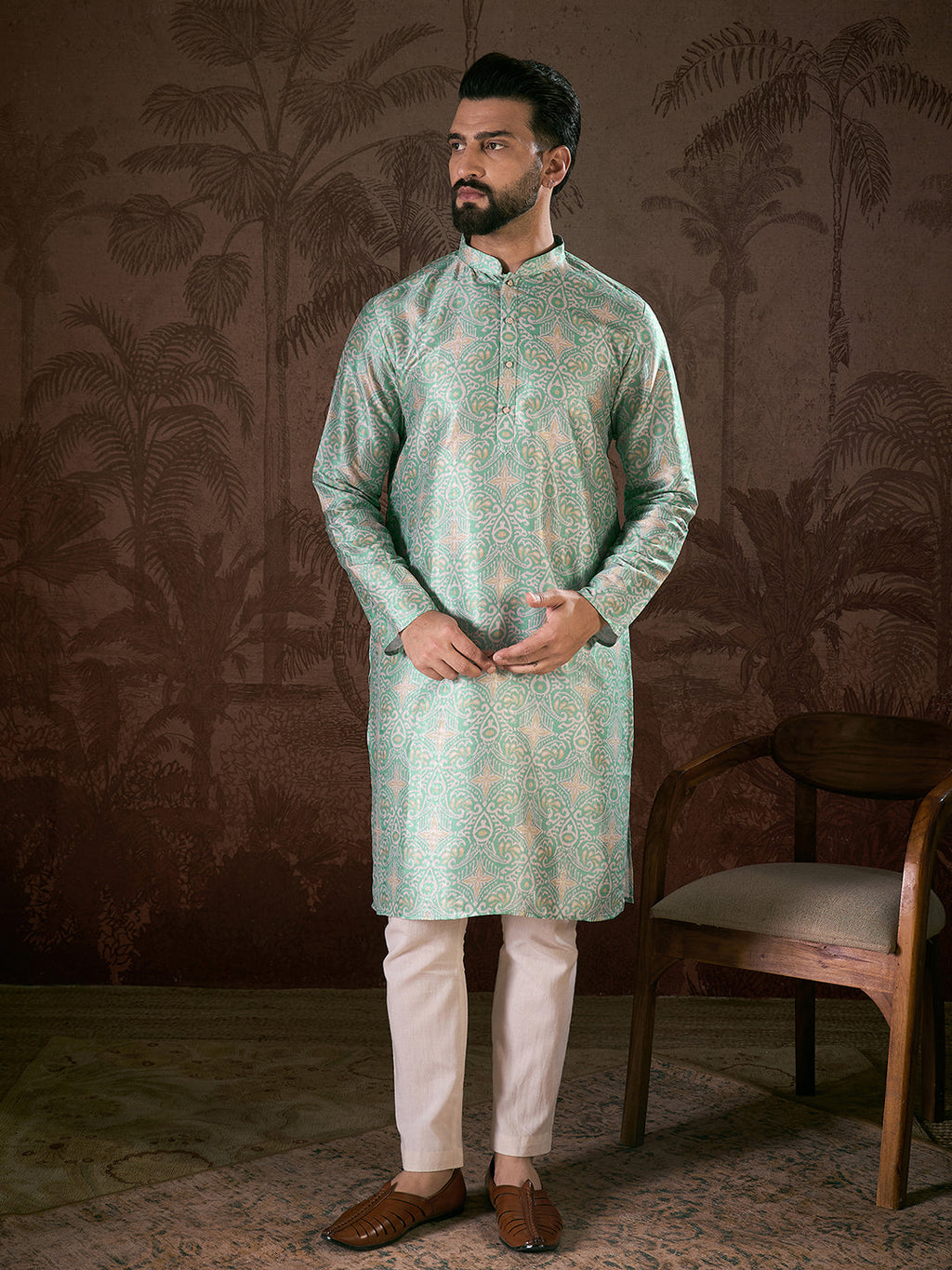 Men Turquoise Blue Silk Blend Abstract Printed Straight Kurta-MKU1967