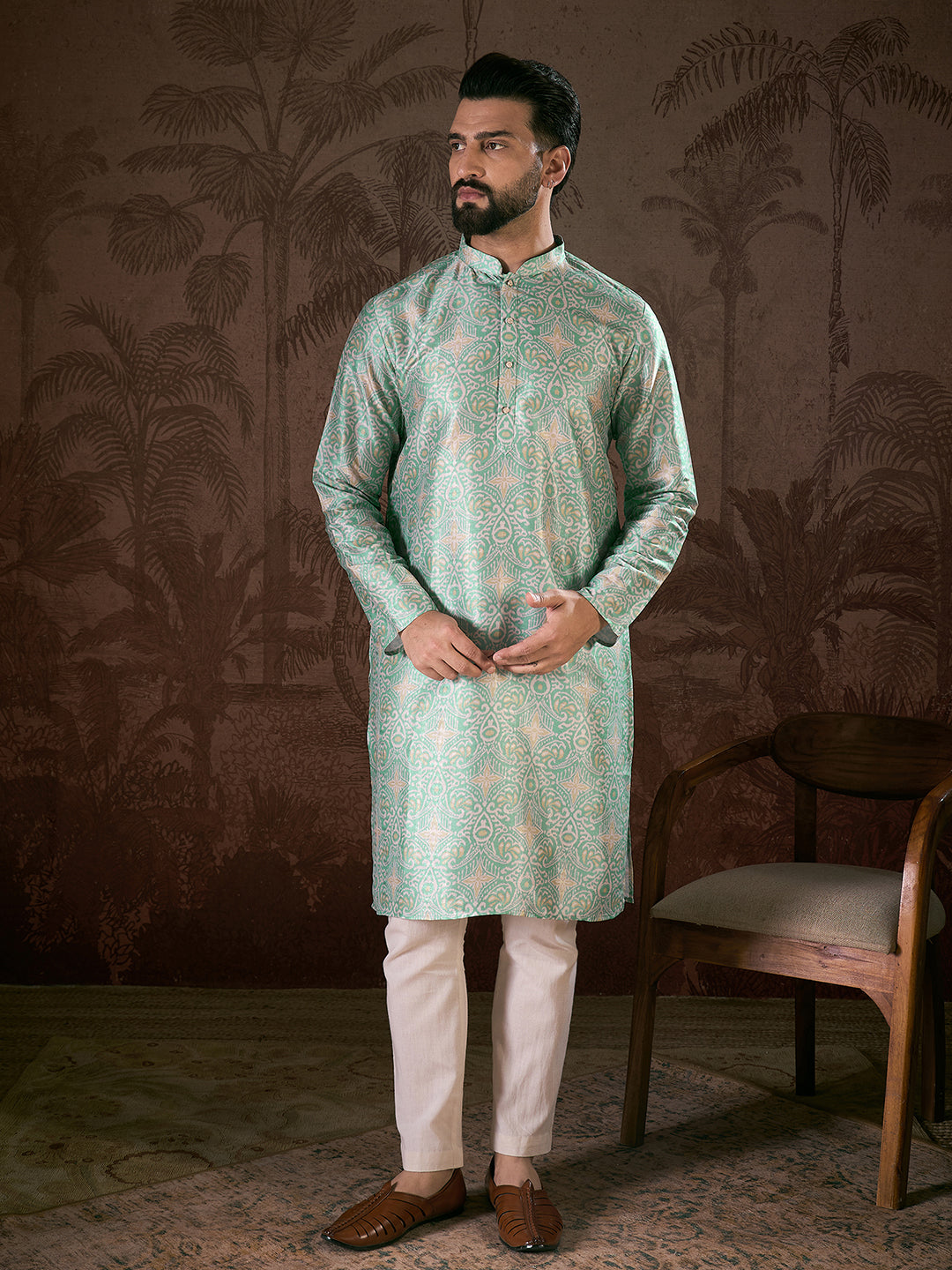 Men Turquoise Blue Silk Blend Abstract Printed Straight Kurta-MKU1967