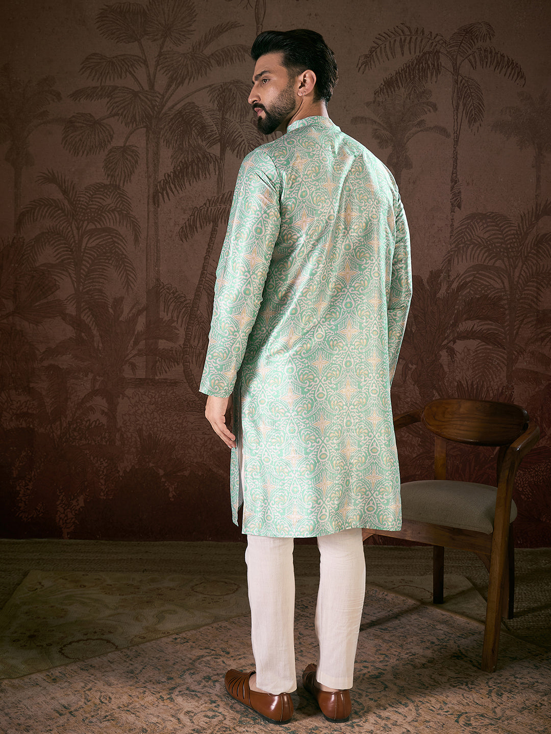 Men Turquoise Blue Silk Blend Abstract Printed Straight Kurta-MKU1967