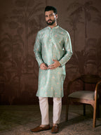 Men Turquoise Blue Silk Blend Abstract Printed Straight Kurta-MKU1967