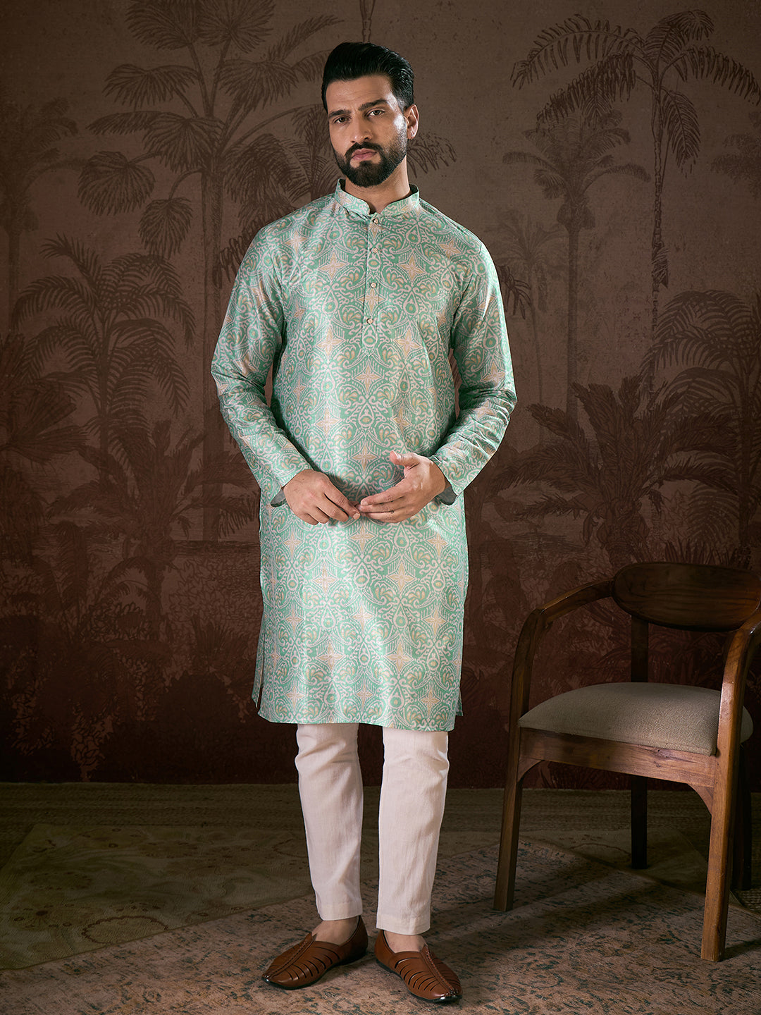 Men Turquoise Blue Silk Blend Abstract Printed Straight Kurta-MKU1967