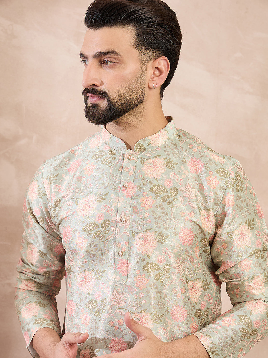 Men Green Silk Blend Floral Printed Straight Kurta-MKU1968