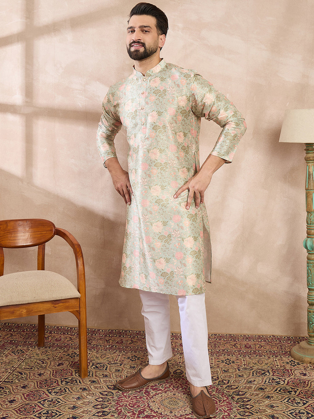 Men Green Silk Blend Floral Printed Straight Kurta-MKU1968
