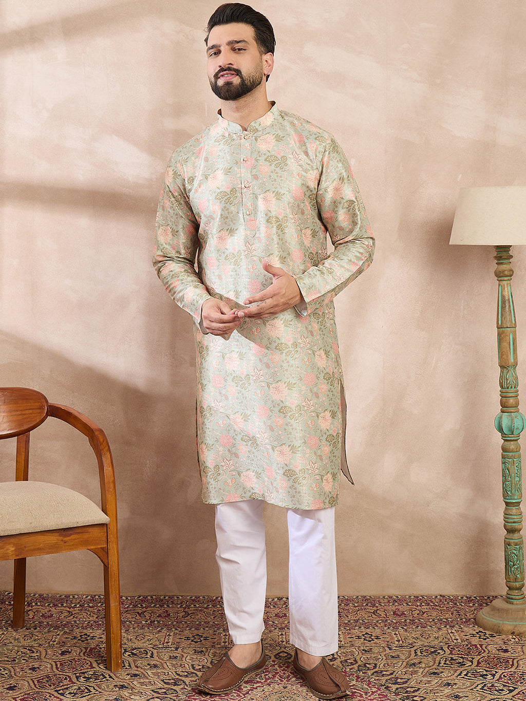 Men Green Silk Blend Floral Printed Straight Kurta-MKU1968