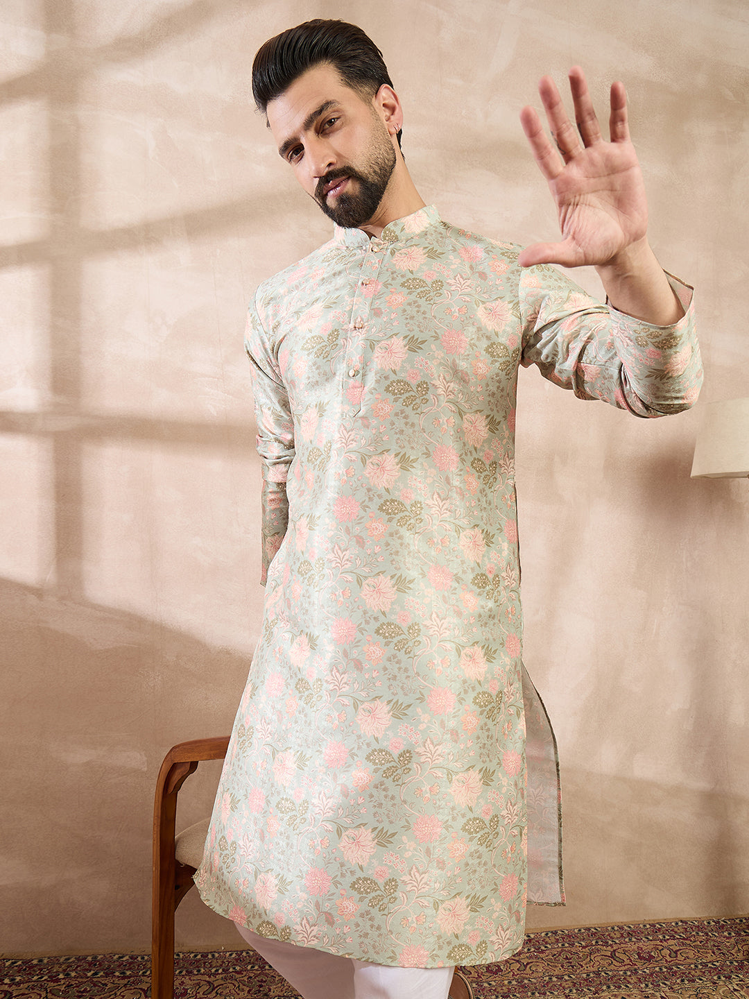 Men Green Silk Blend Floral Printed Straight Kurta-MKU1968
